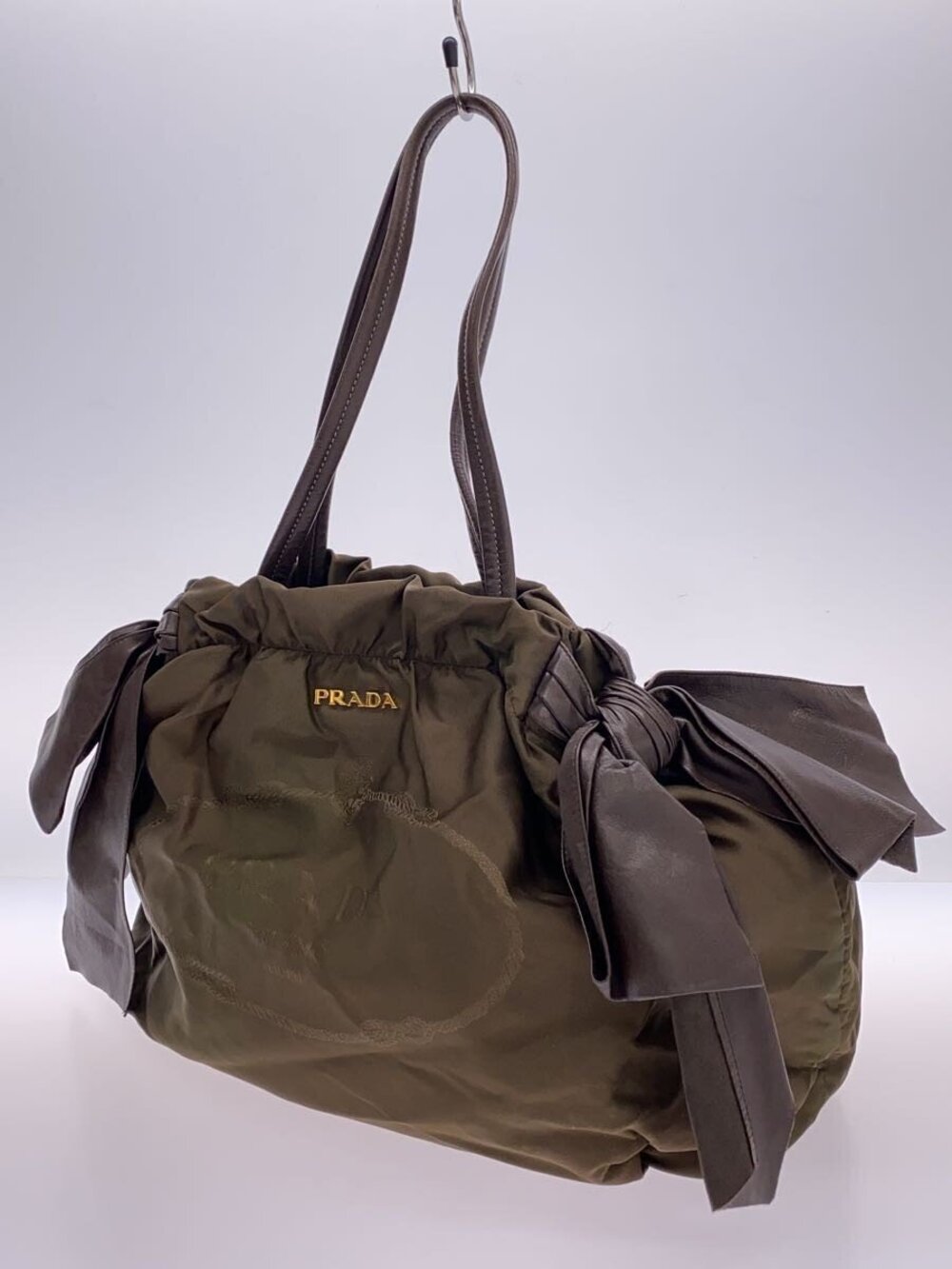 Prada Bow Khaki Tessuto Side Saffiano Bag Green Tote Brown Green Brown